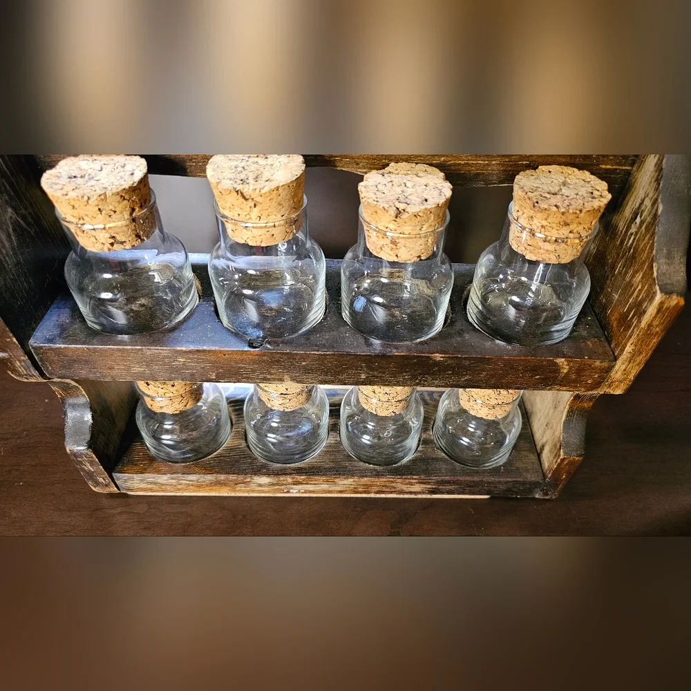 □●Vintage●□ 70's [Wooden Spice Rack] (8) Apothecary Glass Jars w/cork St…